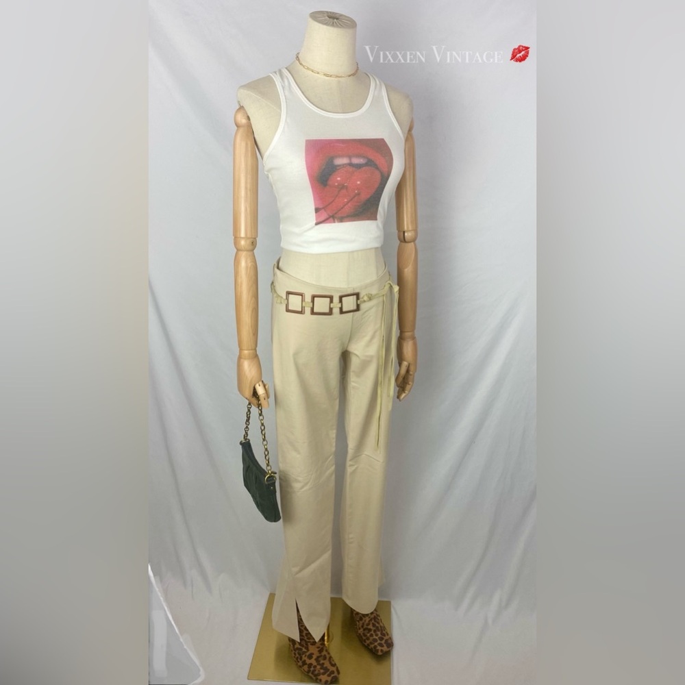 VINTAGE Y2K STYLE SUPER LOW-RISE BELTED SPLIT HEM KHAKI FLARE PANTS